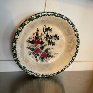 Vintage East Texas Pottery Spongeware Pie Plate 'Love from the Oven' floral 11"
